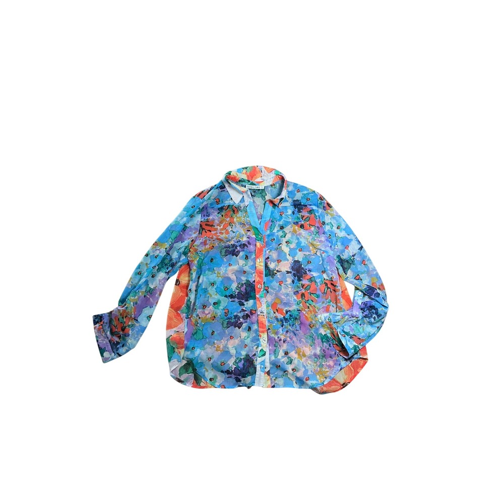 Figueroa & Flower Womens Floral Watercolor Button Up Blouse Blue Orange Large
